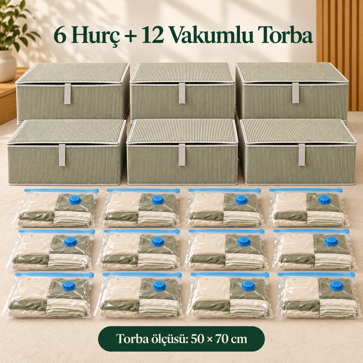 6 adet kapaklı hurç ve 12 adet 50 × 70 cm vakum torbası
