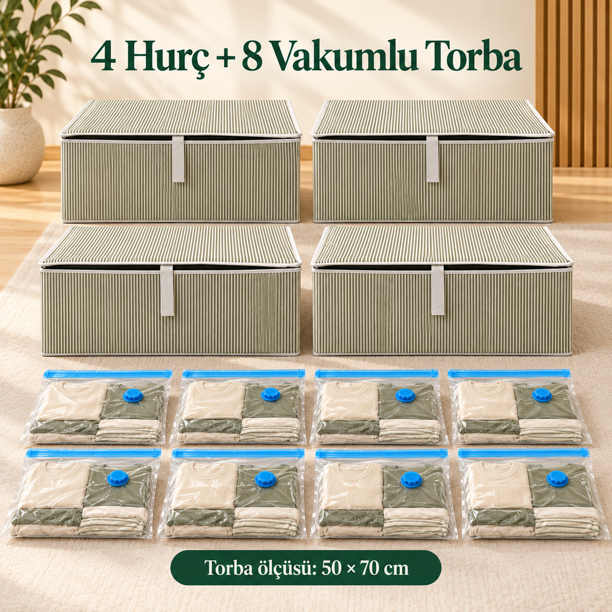 4 adet kapaklı hurç ve 8 adet 50 × 70 cm vakum torbası